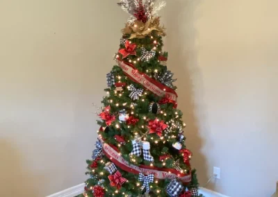 Farmhouse Christmas tree with buffalo check in black and white with red accents