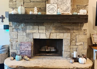 Stone Fireplace Mantle Decor Teal White Pumpkins Fall